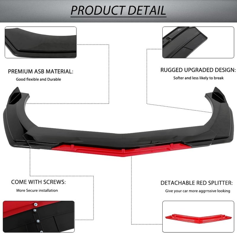 DREAMIZER Universal Front Lip for Car,Adjustable Front Bumper Lip Chin Spoiler Splitter Diffuser Protector Body Kit Compatible with Honda Nissan Toyota Mazda, Black w/Red - Image 4